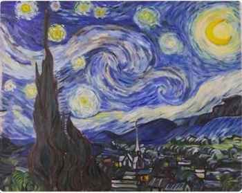 Dipinto di un cielo notturno stellato con cipressi e un villaggio, in stile Van Gogh